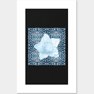 flower on white swirls and dots muted blue and teal for kids and nursery Posters and Art